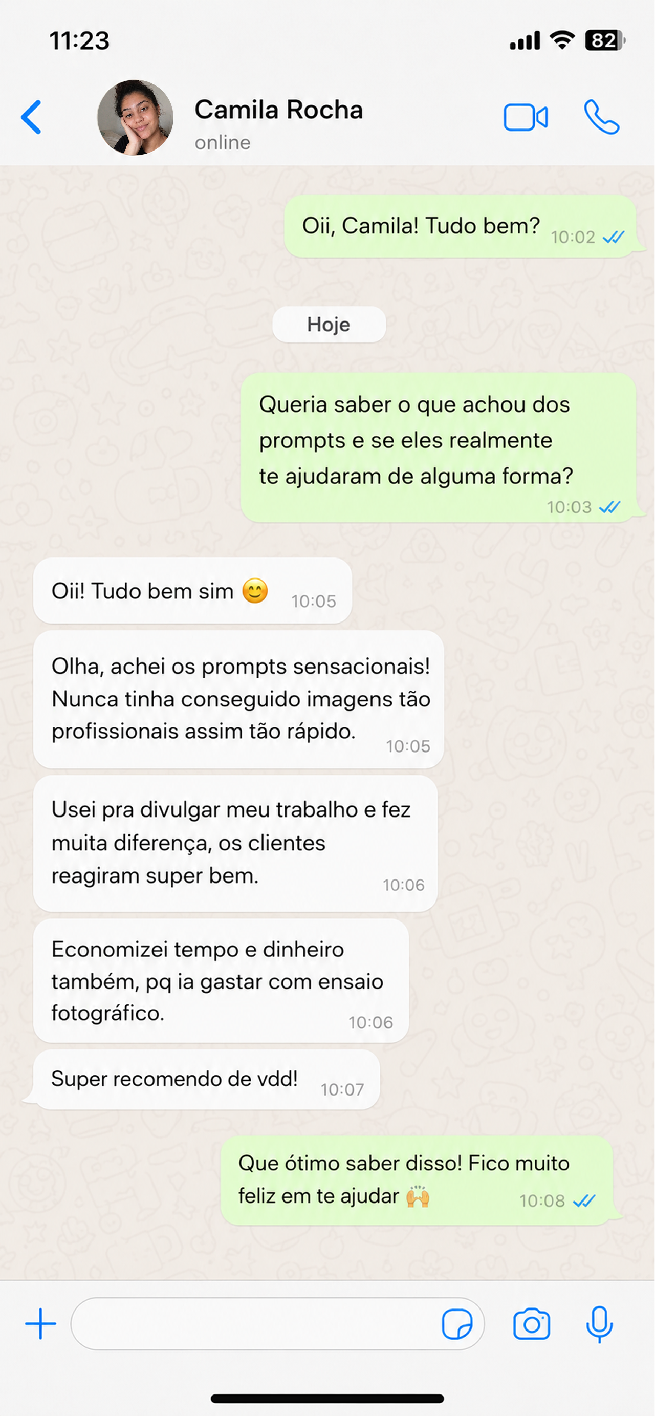Print de conversa no WhatsApp com feedback de cliente sobre o Prompts Insano