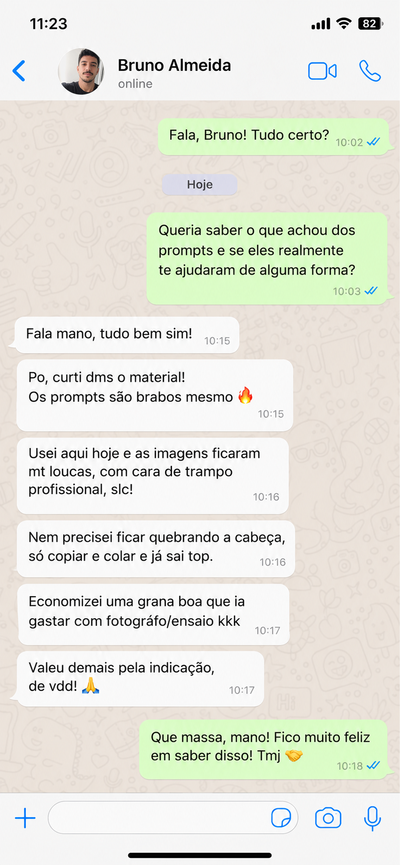 Print de conversa no WhatsApp com feedback de cliente sobre o Prompts Insano